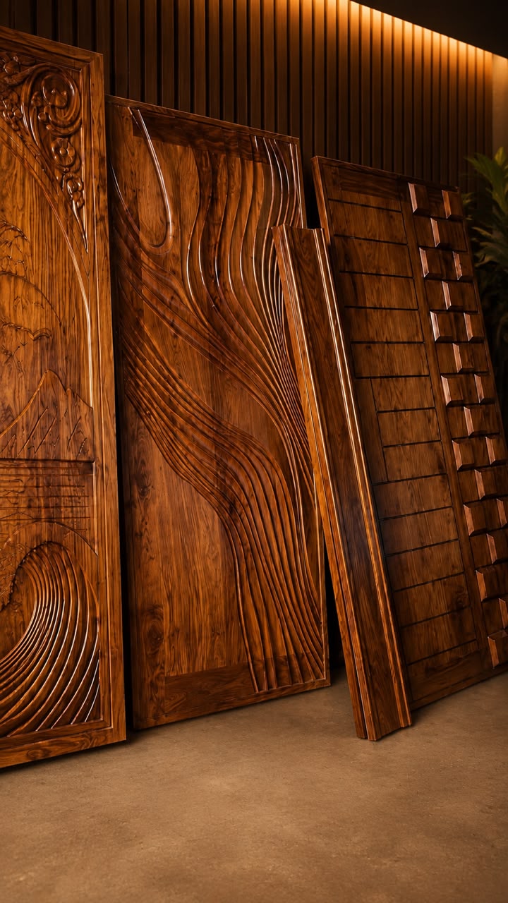 Carved timber doors displayed in the showroom