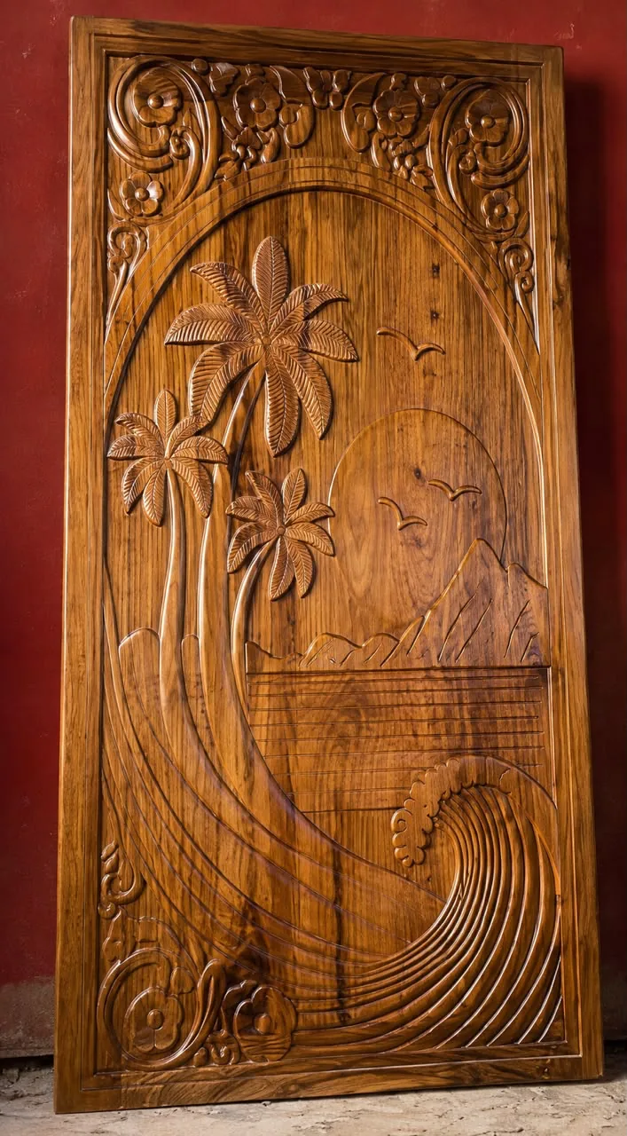 Hand-carved teak feature panel with palm motif
