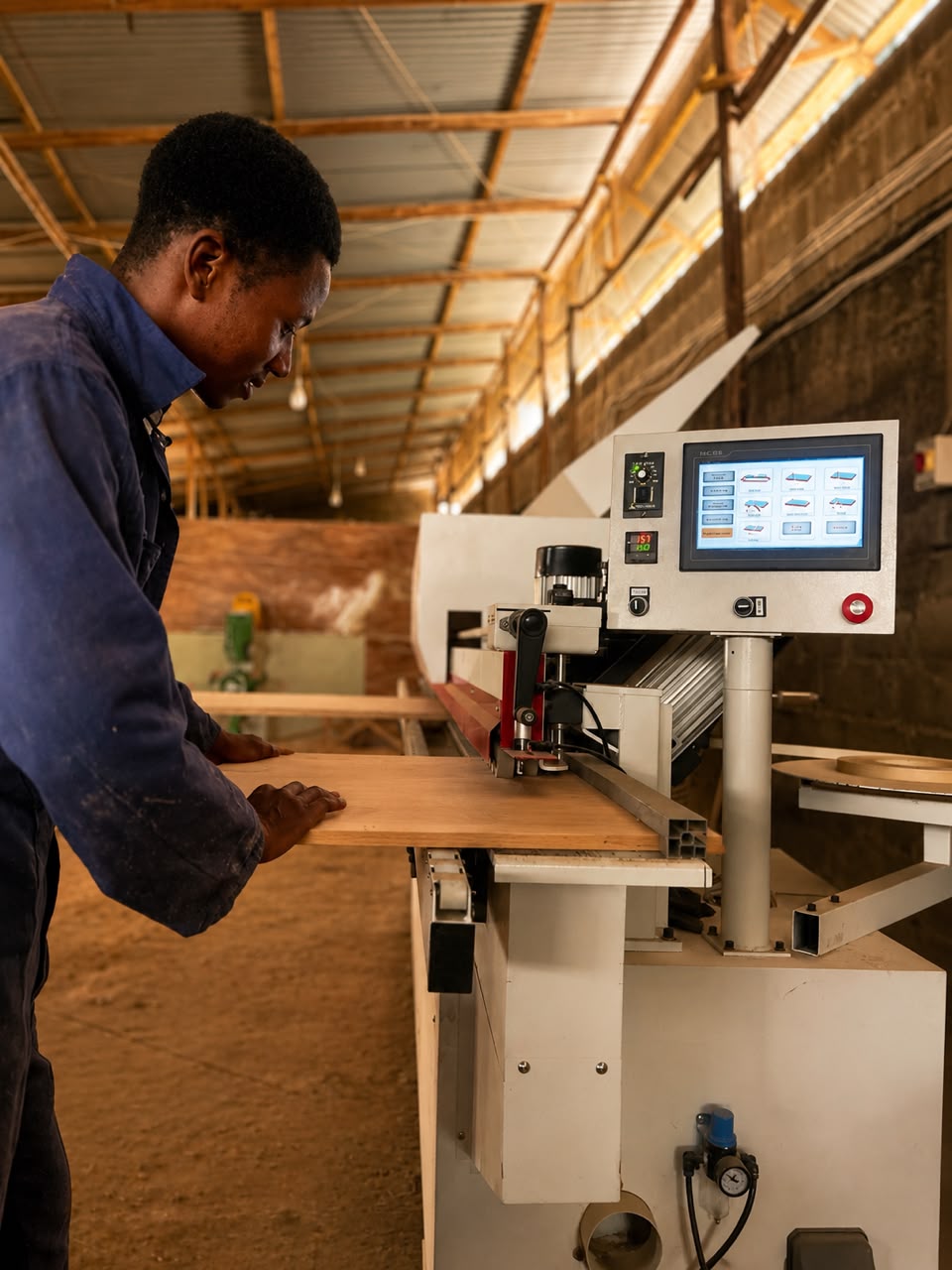 Craftsman feeding timber through workshop machinery